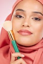 Cosmetics, brush and portrait of Islamic woman with makeup artist tools, beauty product and self care glow. Facial Royalty Free Stock Photo