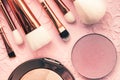 Cosmetics and brushes for professional makeup, beautiful accessories for makeup artists and stylists