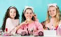 Cosmetics for children. Cosmetics shop. Young skin care. Best friends. Cleanse carefully. Beauty and fashion. Girls Royalty Free Stock Photo