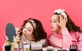 Cosmetics for children. Spa party. Sisterhood happiness. Skin care. Prevent acne. Kids makeup. Beauty and fashion. Happy Royalty Free Stock Photo