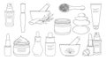 Cosmetics, creams, serums and everything for make-up big set. Organic beauty products simple linear icons