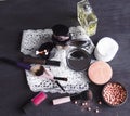 Cosmetics on a dark background, close-up. Face care, make-up. Items for applying makeup. The world of a woman Royalty Free Stock Photo