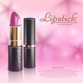 Cosmetics design advertising template with lipstick, 3d colorful makeup vector background