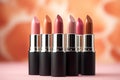 Cosmetics display Different matte lipstick shades, ideal for beauty content