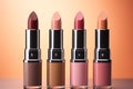 Cosmetics display Different matte lipstick shades, ideal for beauty content