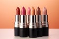 Cosmetics display Different matte lipstick shades, ideal for beauty content
