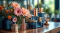 Cosmetics Display with Fresh Flowers on Wooden Table Royalty Free Stock Photo