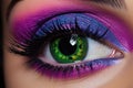 Close-up shot of beautiful woman\'s eye with colorful make-up.Generative AI Royalty Free Stock Photo