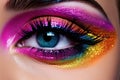 Close-up shot of beautiful woman\'s eye with colorful make-up.Generative AI Royalty Free Stock Photo