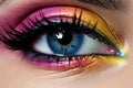 Close-up shot of beautiful woman\'s eye with colorful make-up.Generative AI Royalty Free Stock Photo