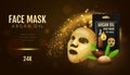 Cosmetics facial mask. Realistic 3D beauty golden face cover with argan oil. Skincare anti age essential formula