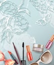 Cosmetics and fashion background with make up artist objects: lipstick, cream, mascara eyeliner. Template Vector.