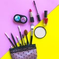Cosmetics and fashion background with make up artist objects: lipstick, eye shadows, mascara ,eyeliner, concealer, nail polish Royalty Free Stock Photo
