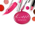 Cosmetics and fashion background with make up artist objects: lipstick, ip gloss, nail Polish. Template Vector.