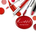 Cosmetics and fashion background with make up artist objects: lipstick, ip gloss, nail Polish.Template Vector.