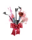 Cosmetics and fashion background with make up artist objects: lipstick, mascara eyeliner. Template Vector.