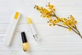 Cosmetics, flower, space for text. Royalty Free Stock Photo