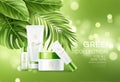 Cosmetics on green bokeh background with tropical palm leaves. Face cosmetics, body care banner, flyer template design Royalty Free Stock Photo