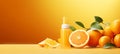 Cosmetics with high vitamin C content on orange bright background with halves of oranges. Banner.