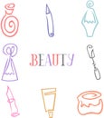 Set of icons in one line. Cosmetics and hygiene. Beauty shop. Salon. Lettering