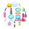 Cosmetics items icons set, cartoon style