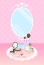 Cosmetics on lace mat and mirror on pink polka dot wallpaper