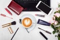 Cosmetics laptop cup of coffee cappuccino purse mobile phone smartphone flowers