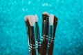 Cosmetics make-up brushes on blue sparkling background. Royalty Free Stock Photo