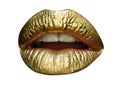 Cosmetics and make-up. Gold lips lipstick and gloss. Sexy and sensual lips. Golden lips closeup. Abstract gold lips