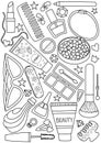 Cosmetics and make-up supplies doodle coloring book page. Black and white vector zentangle illustration.