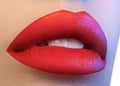 Cosmetics, makeup. Bright lipstick on lips. Closeup of beautiful female mouth with juicy red lip makeup. Part of face Royalty Free Stock Photo