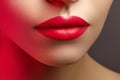 Cosmetics, makeup. Bright lipstick on lips. Closeup of beautiful female mouth with red lip makeup. Clean skin model Royalty Free Stock Photo