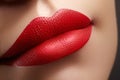 Cosmetics, makeup. Bright lipstick on lips. Closeup of beautiful female mouth with red and pink lip makeup. Part of face Royalty Free Stock Photo