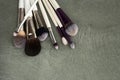 Cosmetics and makeup brushes, professional brushes and eyeshadows, on dark green background, copy space