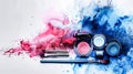 Cosmetics: makeup eyeshadows palette and brushes on a white background with blue and pink watercolor splashes. Copy space