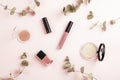 Cosmetics makeup items and eucalyptus branches on pink background. Flat lay beauty blogger, top view Royalty Free Stock Photo