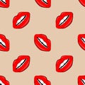Cosmetics and makeup lips seamless pattern. beautiful lips of woman with red lipstick and gloss. Sexy lip backgrounds.