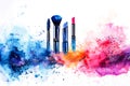 Cosmetics makeup: lipstick and brushes on a white background with vibrant blue and pink watercolor splashes. Copy space. Makeup