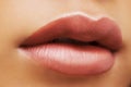 Cosmetics, makeup, is lipstick, a Nude shade, light brown gloss, close-up, half-open lips