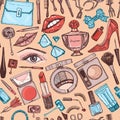 Cosmetics for Makeup seamless pattern for background. Doodle A collection of female products. Decorative Elements for a