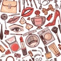 Cosmetics for Makeup seamless pattern for background. Doodle A collection of female products. Decorative Elements for a