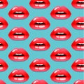 Cosmetics and makeup seamless pattern. Closeup beautiful lips of woman with red lipstick and gloss. wet lip make-up.