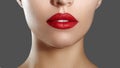 Fashion Red Lip Makeup. Bright Lipstick on Lips. Closeup of Beautiful Female Mouth. Part of Woman Face. Horizontal Royalty Free Stock Photo