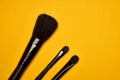 cosmetics mascara brushes decoration accessories yellow background Royalty Free Stock Photo