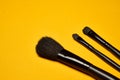 cosmetics mascara brushes decoration accessories yellow background Royalty Free Stock Photo