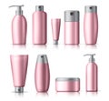 Cosmetics mock up bottles vector set. Set of empty realistic package for cosmetic product in pink elegant container isolated.
