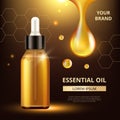 Cosmetics oil poster. Golden transparent drops of oil extract for woman cream or liquid cosmetic q10 collagen vector