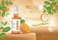 Cosmetics orange product Ads. Vitamin c mock up with leaves. Royalty Free Stock Photo