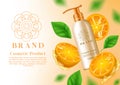 Cosmetics orange product vector template design. Cosmetic product vitamin c mock up with leaves element and natural extract.