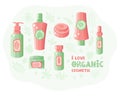 Cosmetics from plants and herbs. Set natural herbal organic cosmetic. Shampoo, balm, cream, serum, lotion, gel. Skin care eco